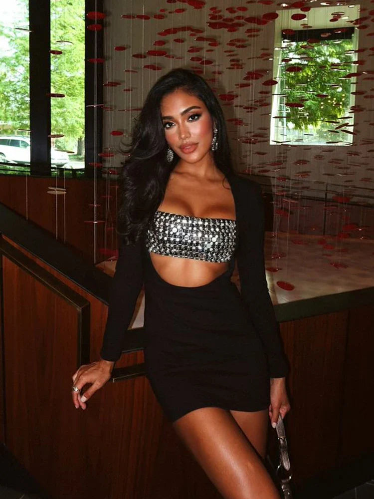 Black Sequin Tube Cut Out Long Sleeve Mini Dress