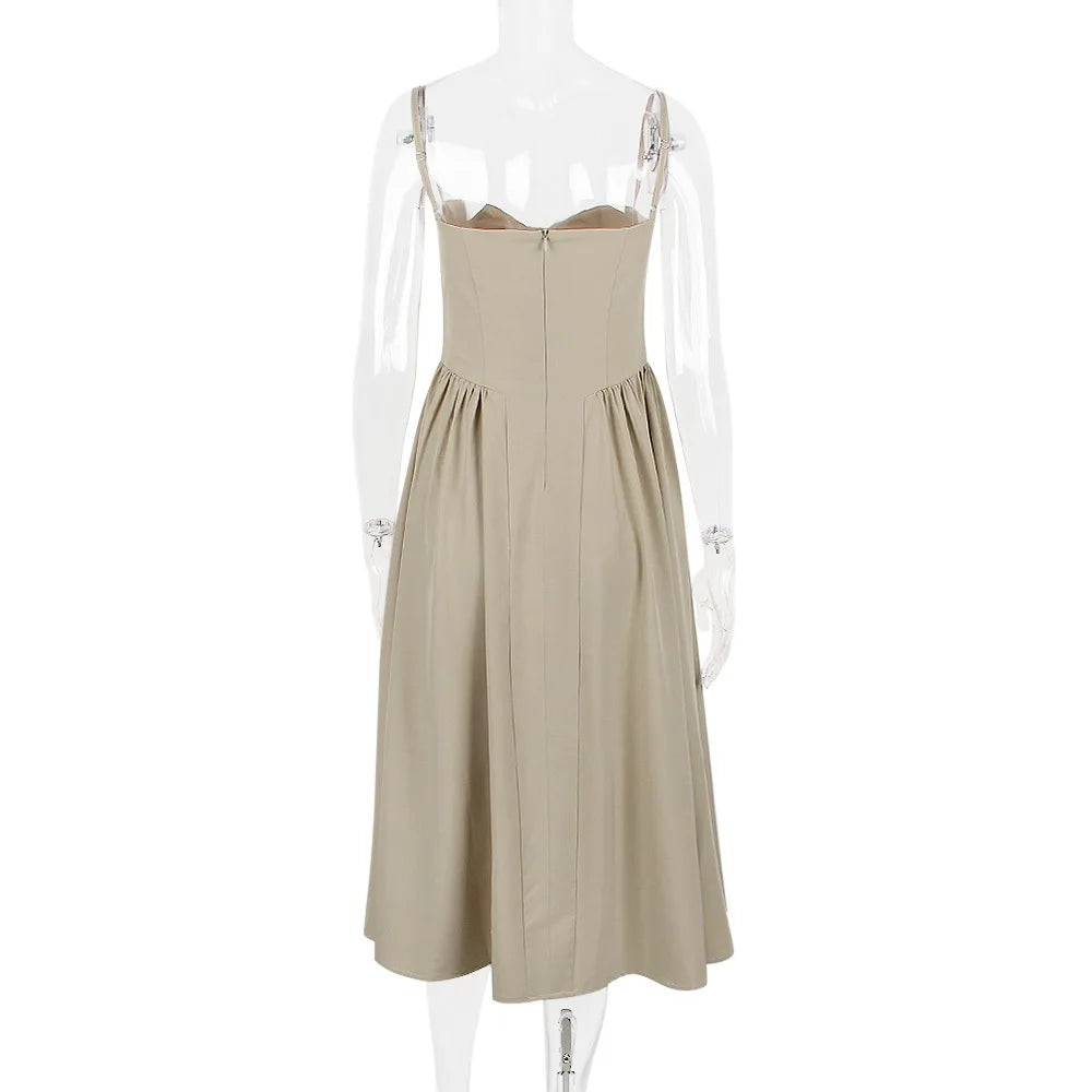Solid Spaghetti Strap Bustier Pleated Midi Dress