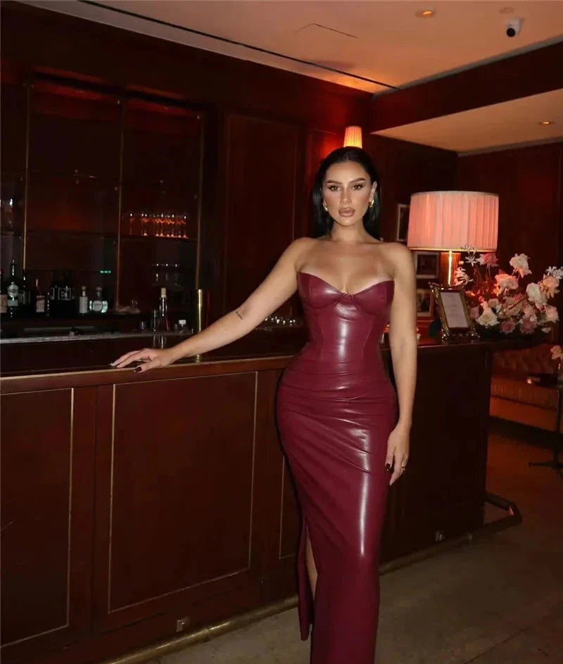 Burgundy Strapless PU Leather Maxi Dress