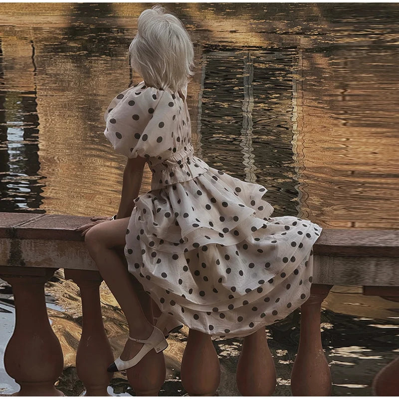 Polka Dot Bubble Sleeve Top And Ruffles Maxi Skirt Set