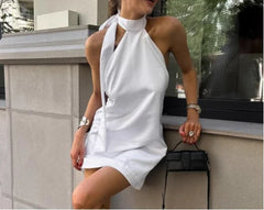 White Halter Tie Up Mini Dress
