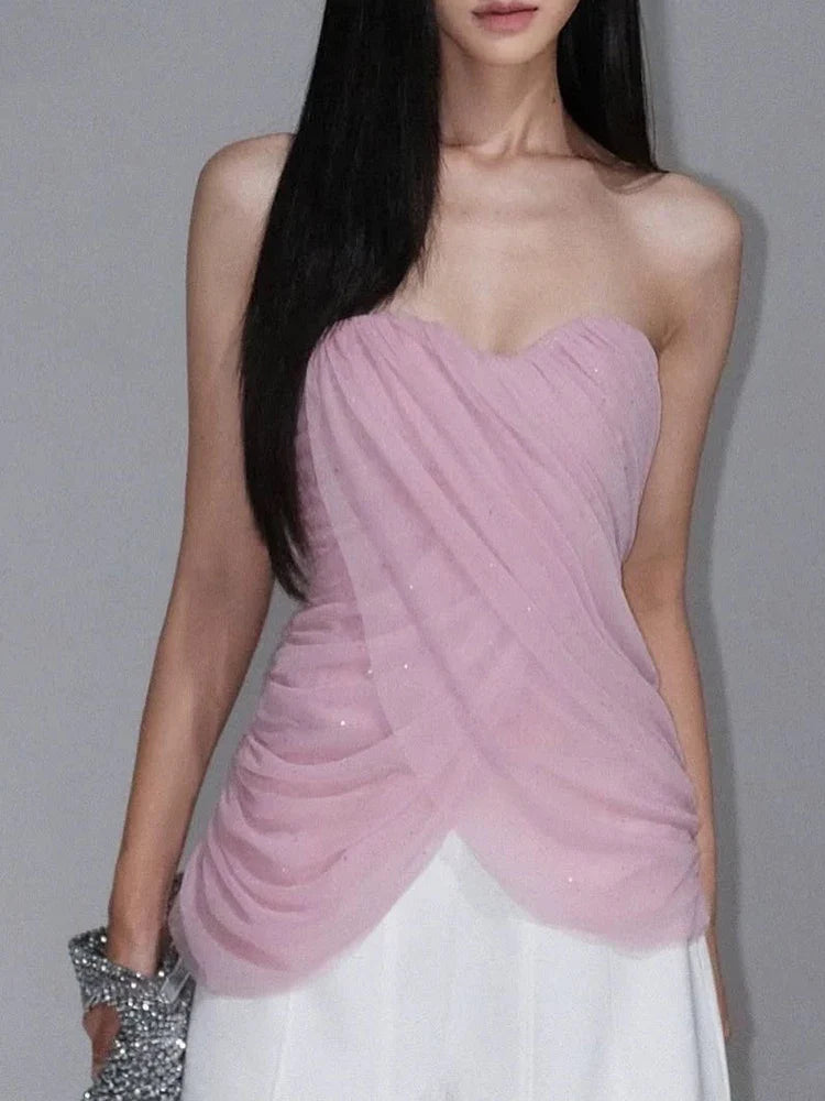Mesh Drape Strapless Top