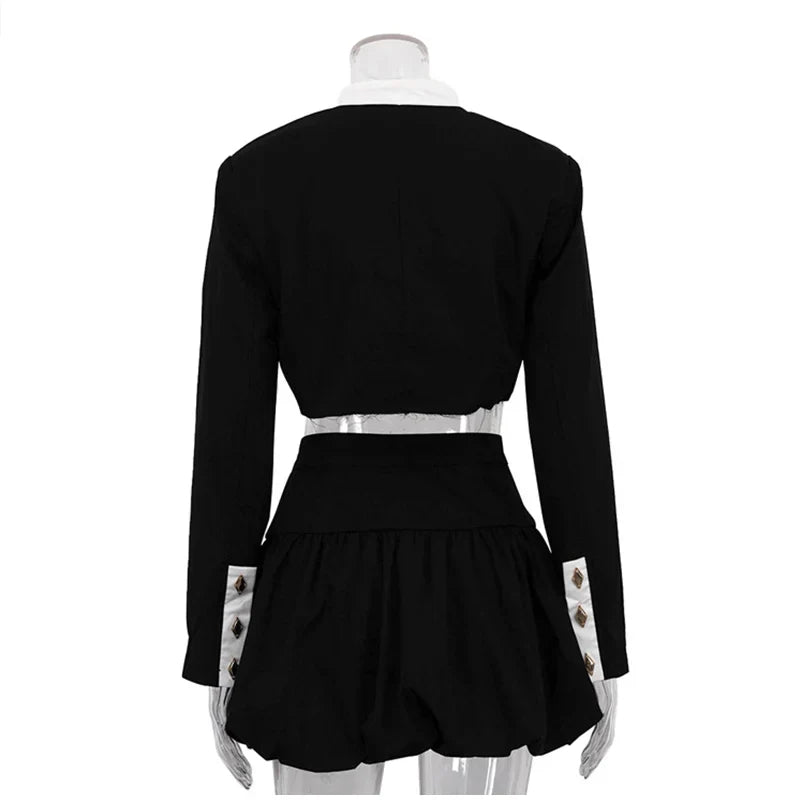 Crop Jacket And Puff Buttoned Mink Skirt Contrast Set