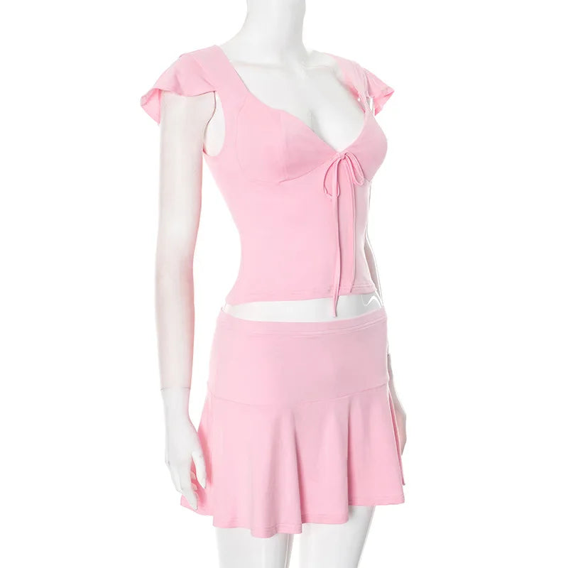 Short Sleeve Ruched Tie Up Top And Mini Skirt Set