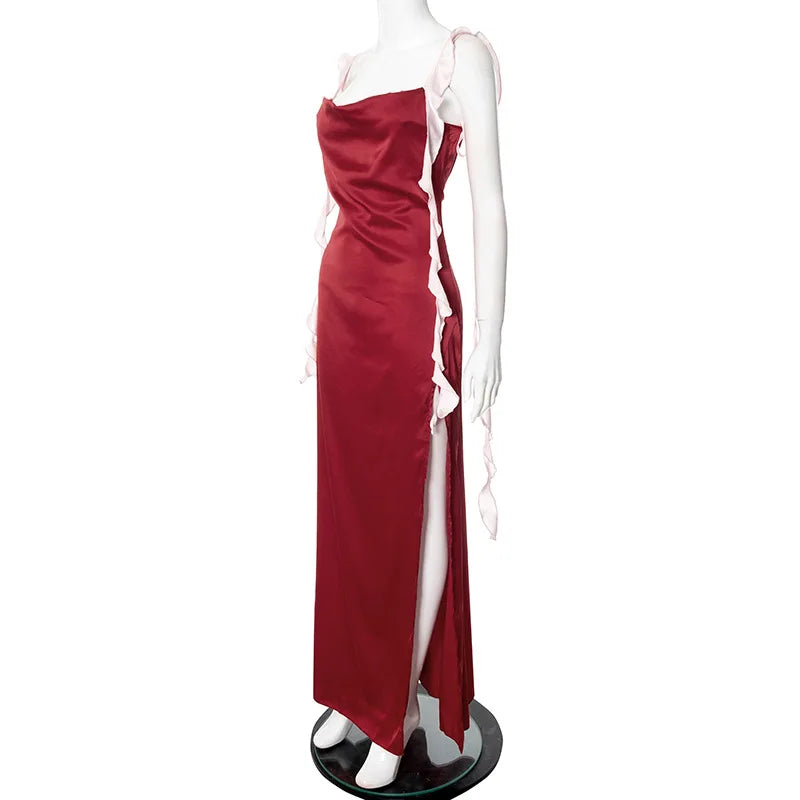 Frill Strap Satin Midi Dress