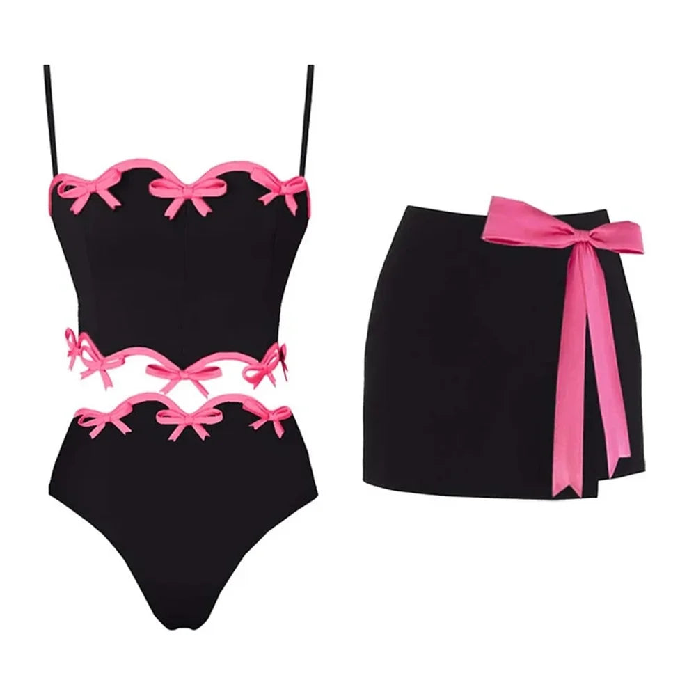 Black Bodycon Pink 3d Bow Bodysuit And Skirt Set