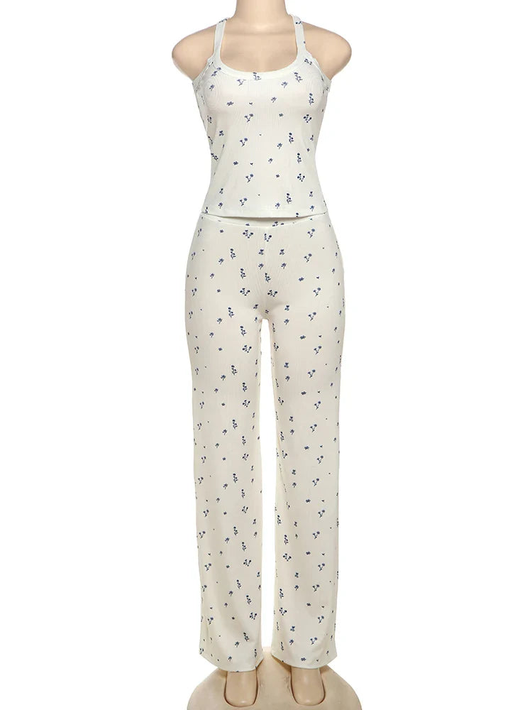 White Printed Ribbed Tank Top And Pants Set