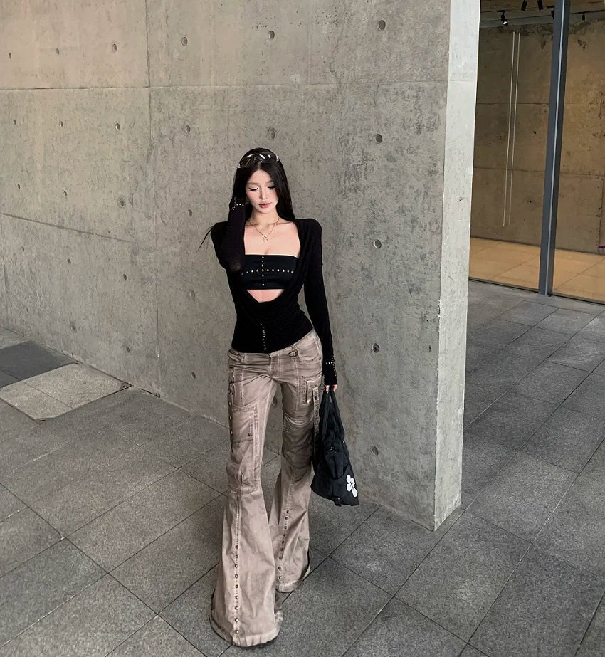 Black Long Sleeve Cut Out Drape Halter Top - Y2K Skinny Fit