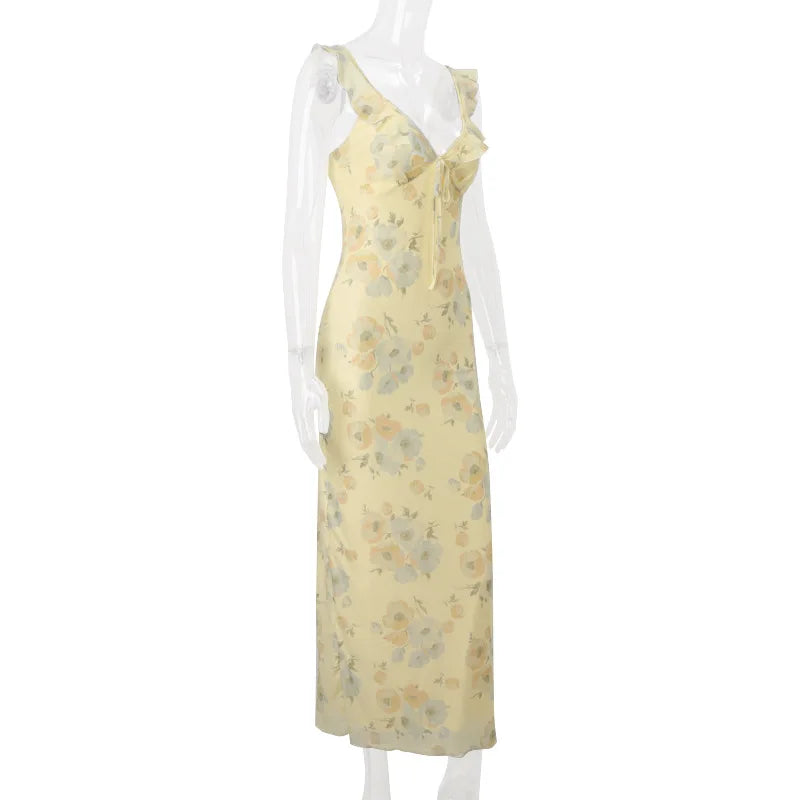 Yellow Floral Frill Strap Midi Dress