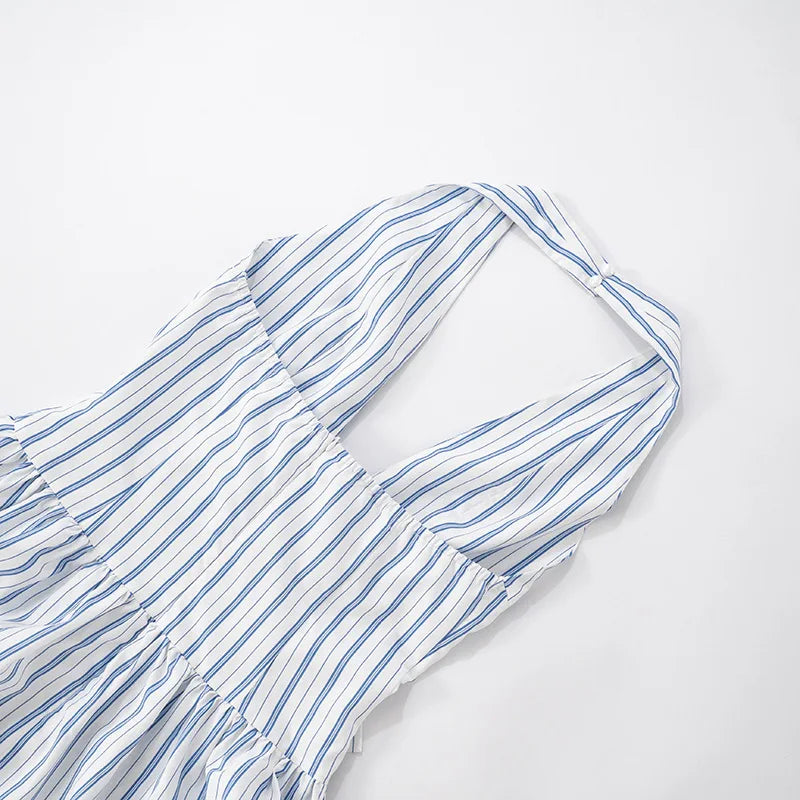 Blue Stripe Deep Neck Maxi Dress
