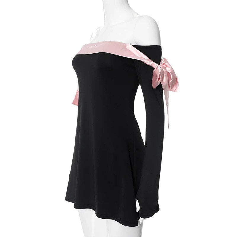Black Off-shoulder Bow Long Sleeve Mini Dress