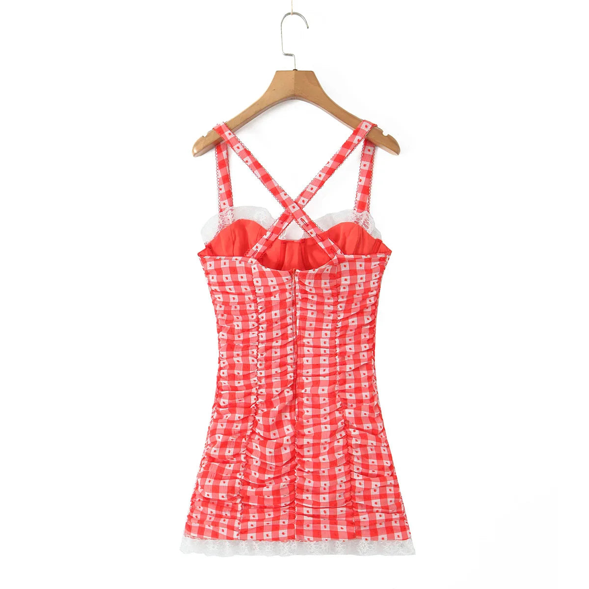 Red Plaid Plaid Dot Lace Mini Dress