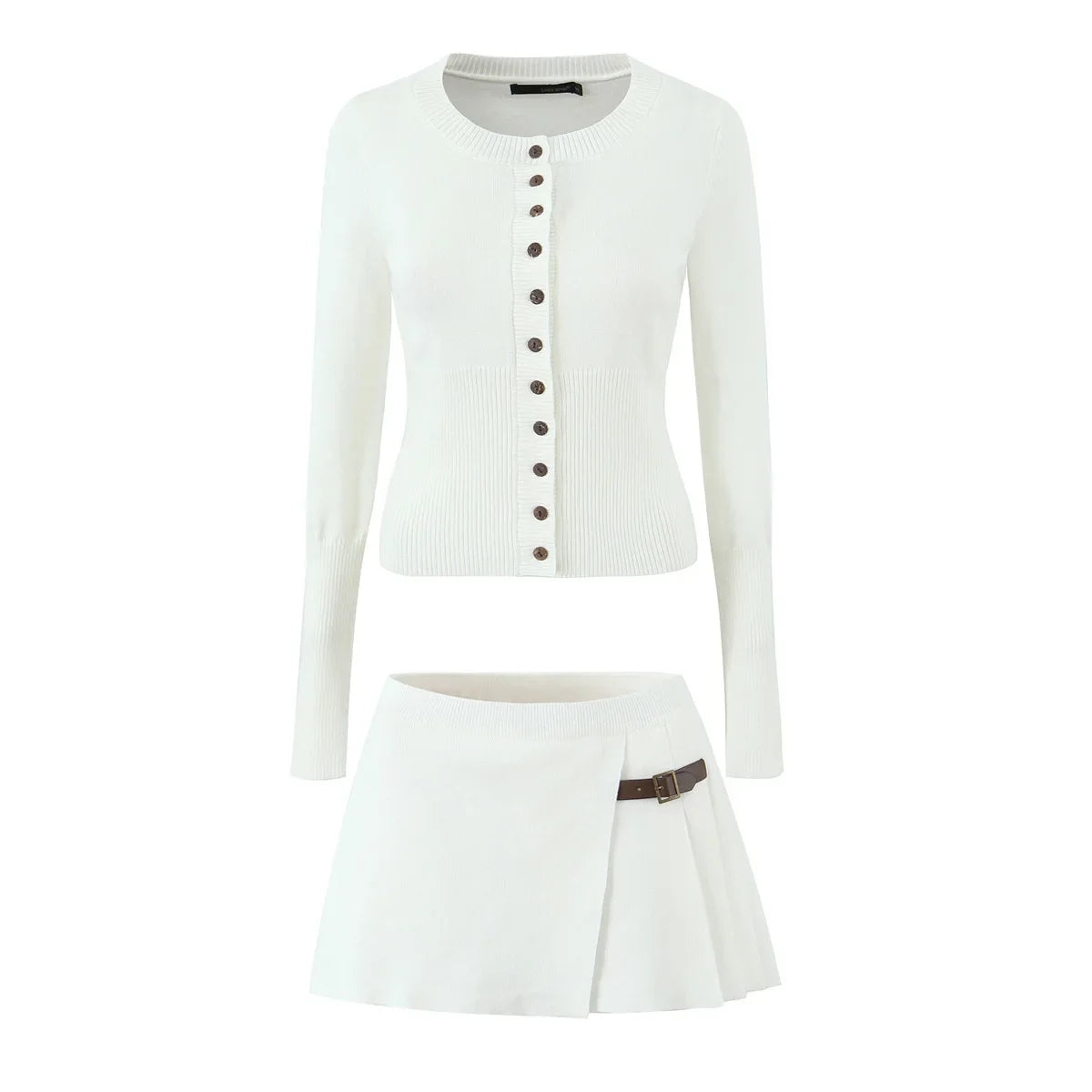 Knit Buttoned Long Sleeve Top And Pleated Mini Skirt