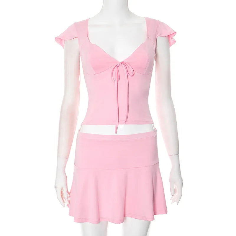 Short Sleeve Ruched Tie Up Top And Mini Skirt Set