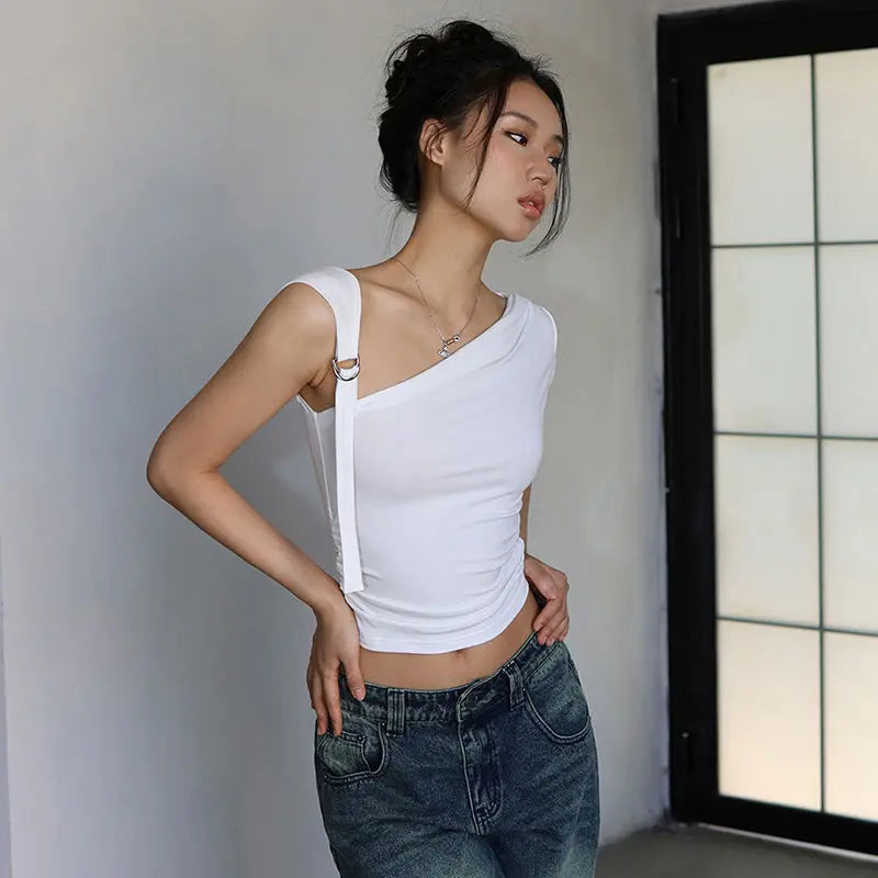 Asymmetric Strap Buckle Sleeve Crop Top