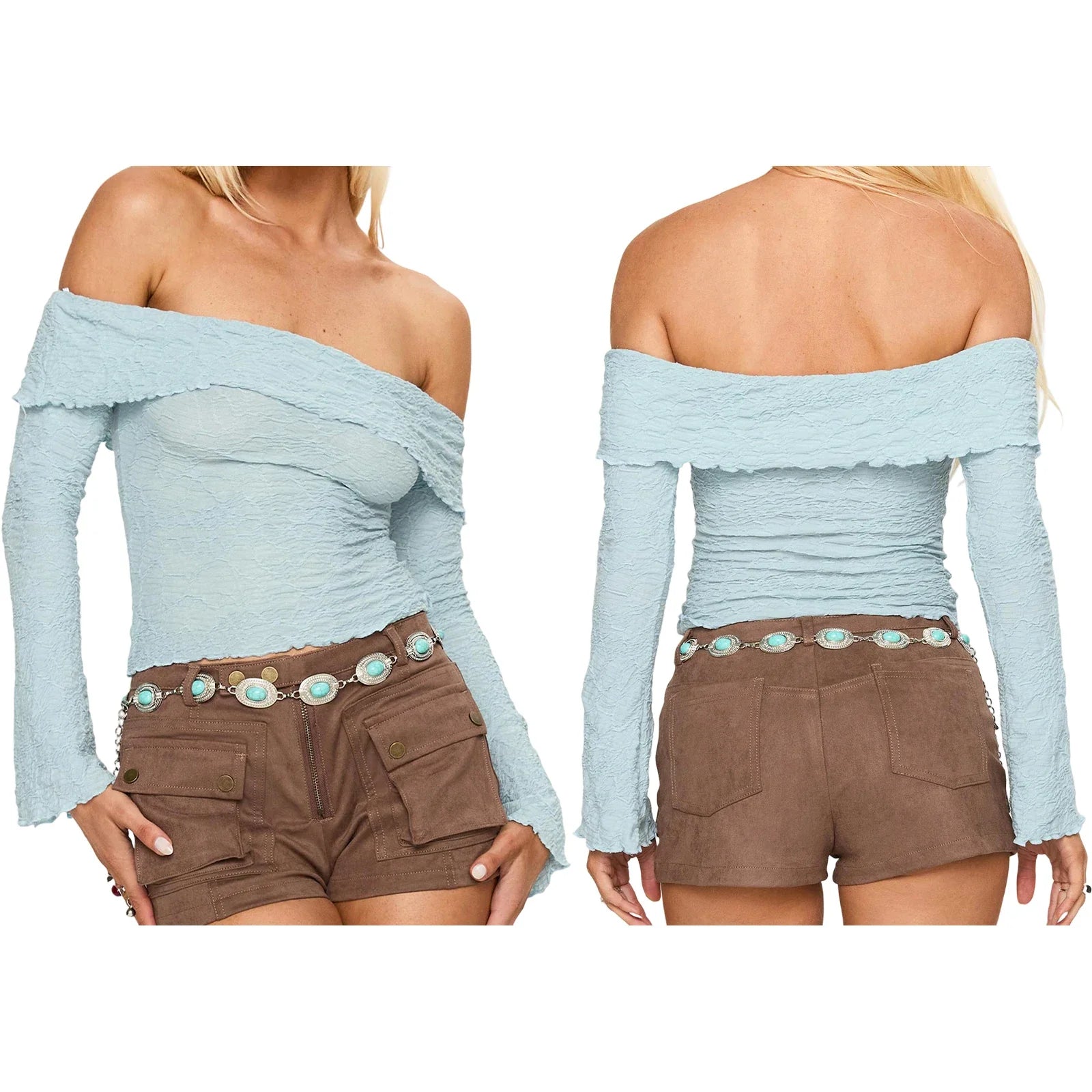 Off Shoulder Long Sleeve Textured Top