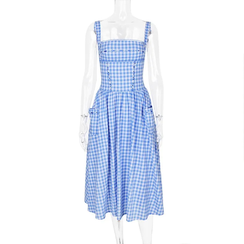 Blue Plaid Ribbon Lace Up Strap Midi Dress