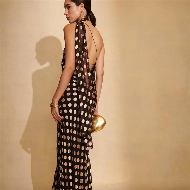Black Polka Dot Halter Drape Midi Dress
