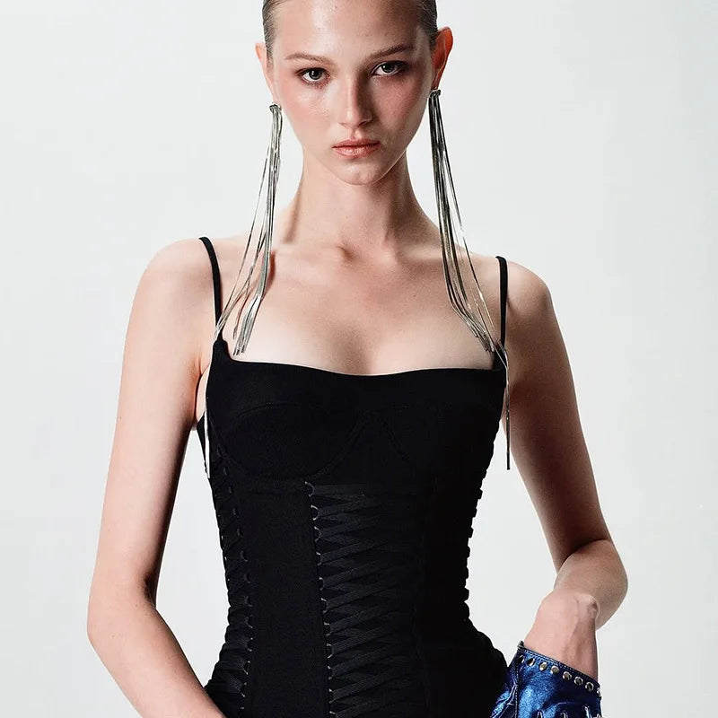 Black Lace Up Bodycon Strap Mini Dress
