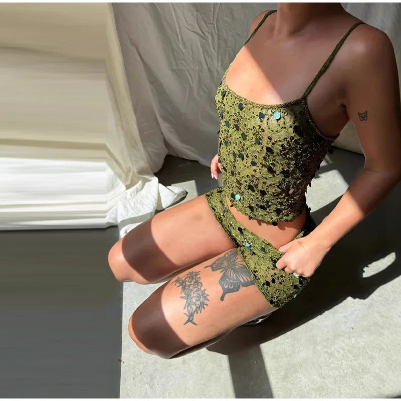 Sequins See Through Tank Top And Skirt Set