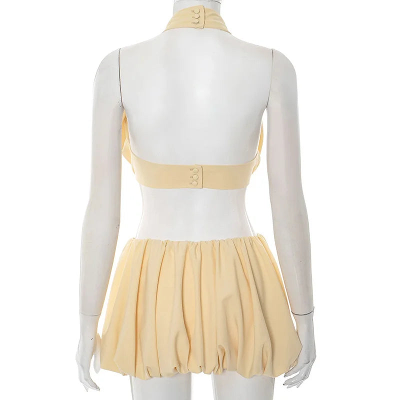 Yellow Puff Halter Crop Top And Mini Skirt Set
