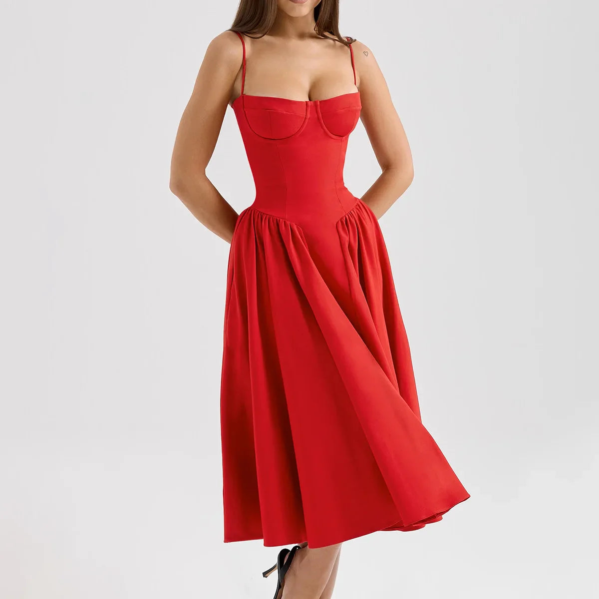 Solid Spaghetti Strap Bustier Pleated Midi Dress