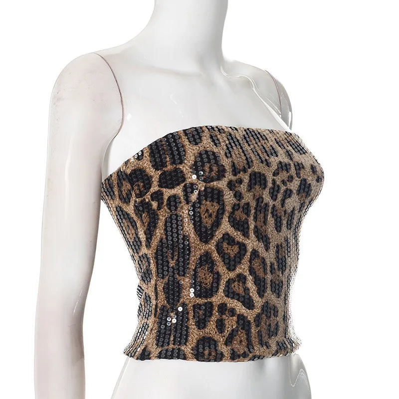 Strapless Print Leopard Sequin Crop Top
