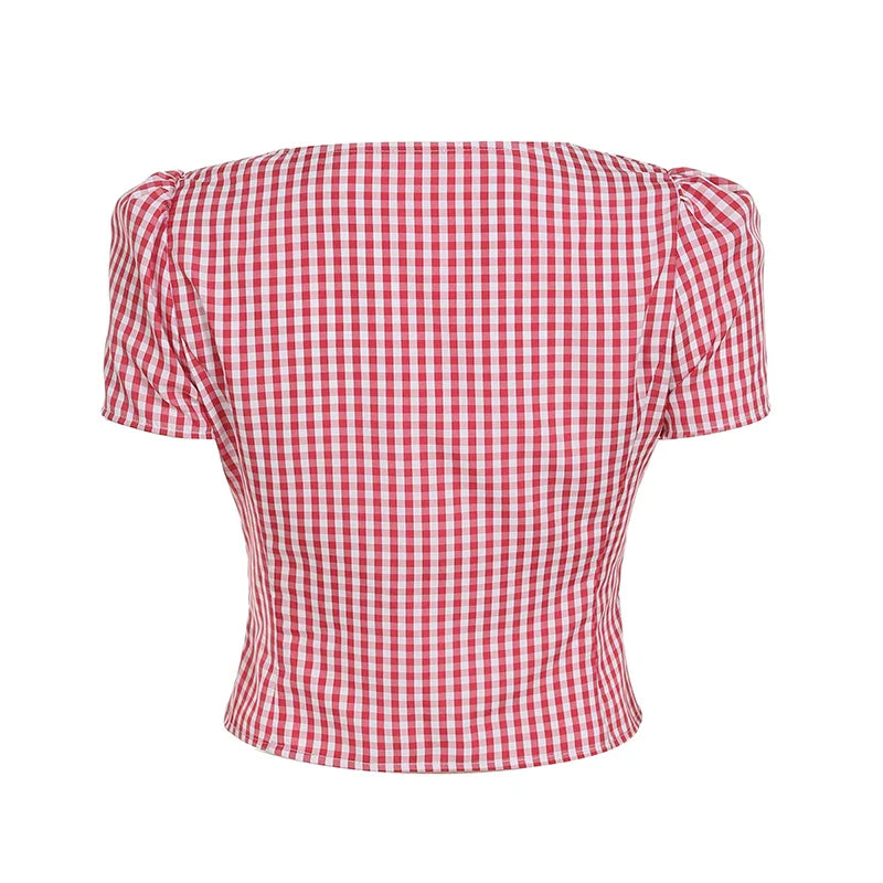 Red Plaid Button Short Sleeve Top