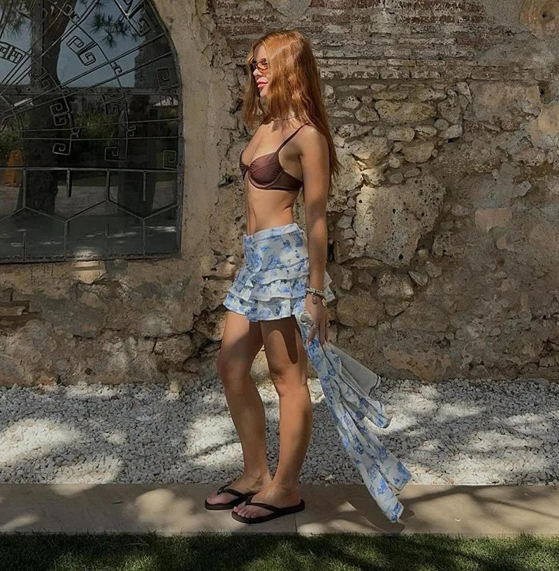 Printed Long Sleeve Crop Top And Mini Skirt Set