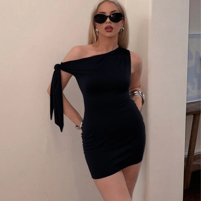 Black One Shoulder Tie Up Mini Dress