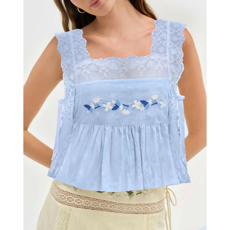 Lace Patchwork Square Neck Flower Embroidery Side Tied Top
