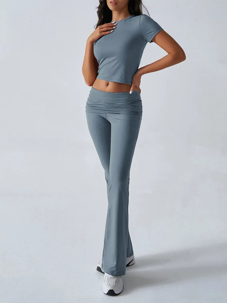 Slim Fit Two Piece Short Sleeve Top & Pant Set - Athleisure Workout Style