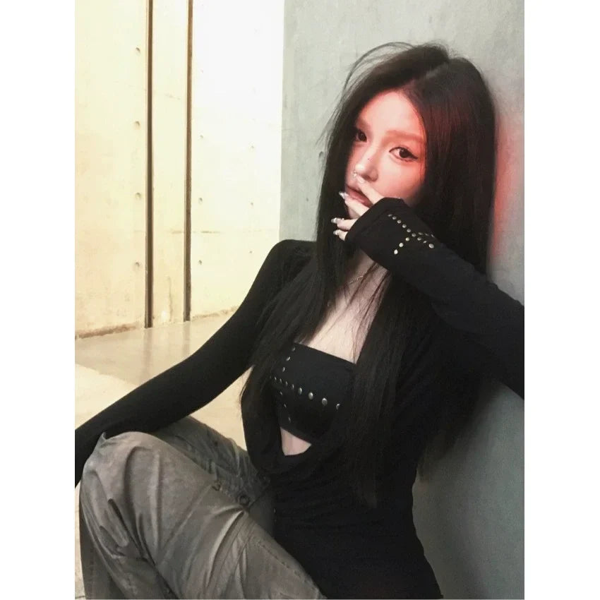 Black Long Sleeve Cut Out Drape Halter Top - Y2K Skinny Fit
