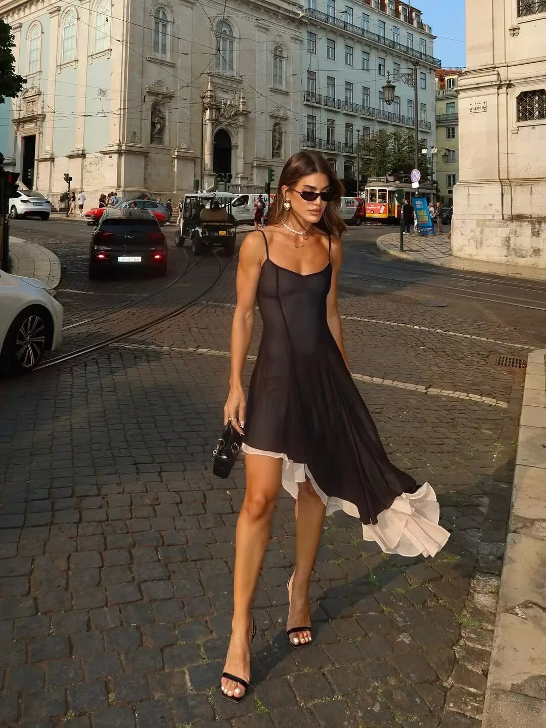 Ruffle Asymmetric Strappy Midi Dress
