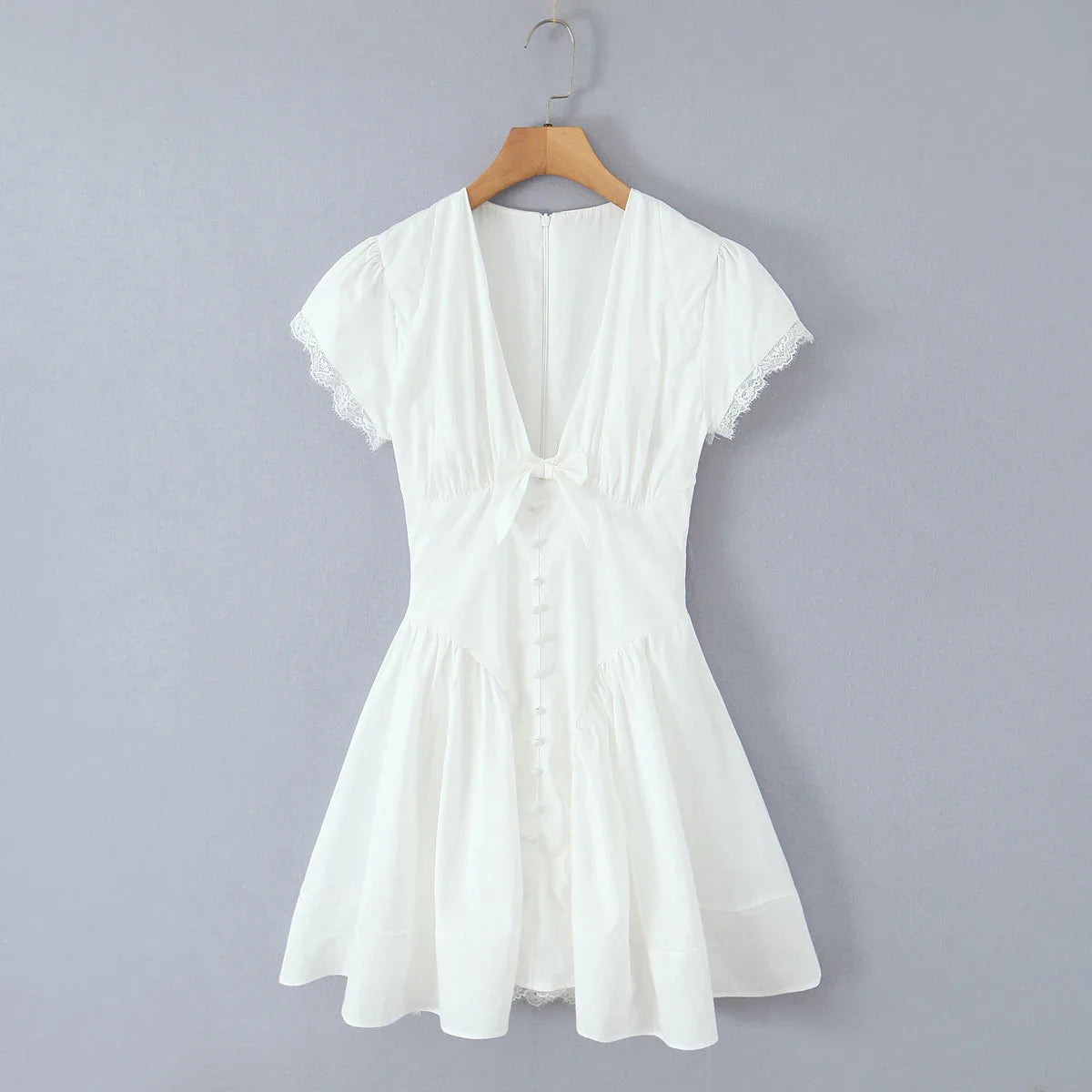 White Bow Deep V Neck Short Sleeve Mini Dress