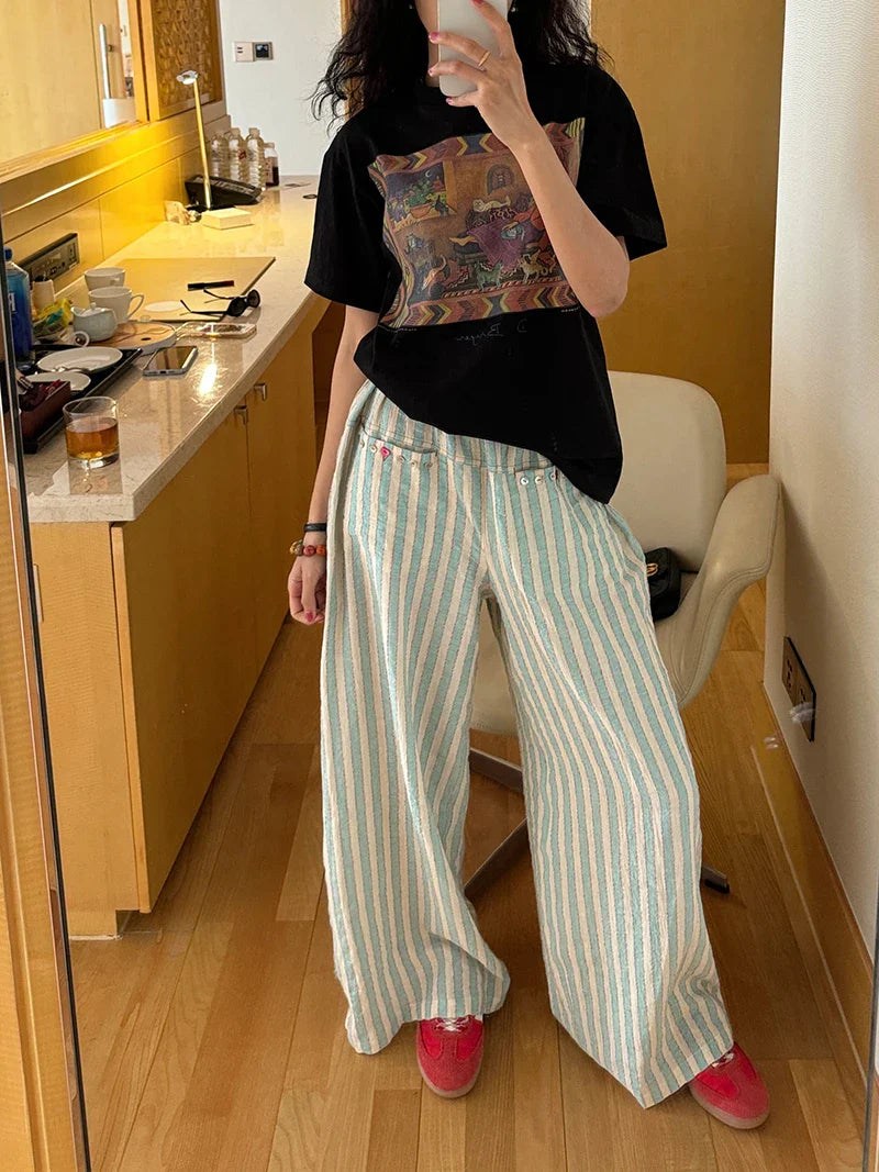 Blue Striped Wide Leg Pants