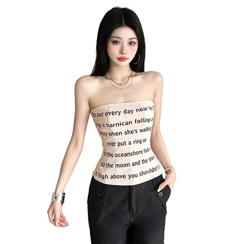 Letter Printed Mesh Tube Top - Backless Streetwear Tank