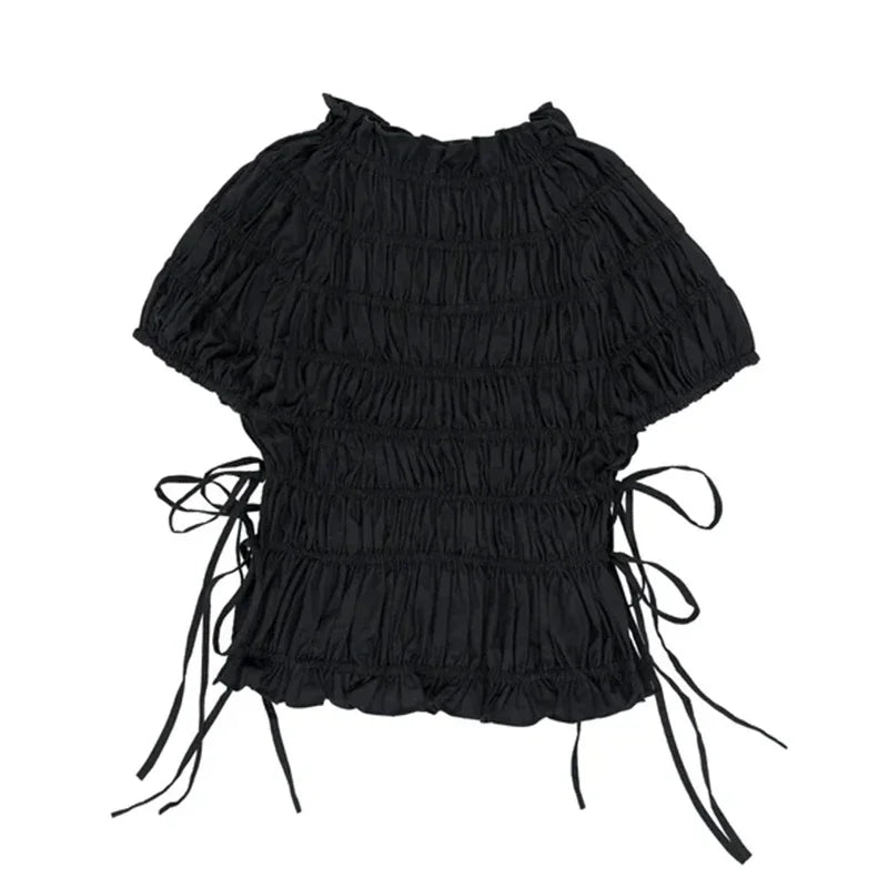 Ruched Short Sleeve Tie Up Top