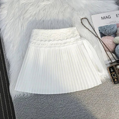 White Pleated Embroidered Bow Mini Skirt