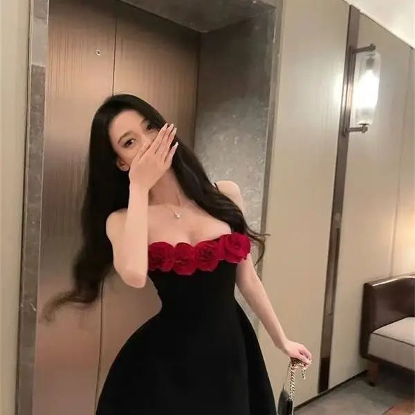 Black Cami 3D Red Flower Mini Dress