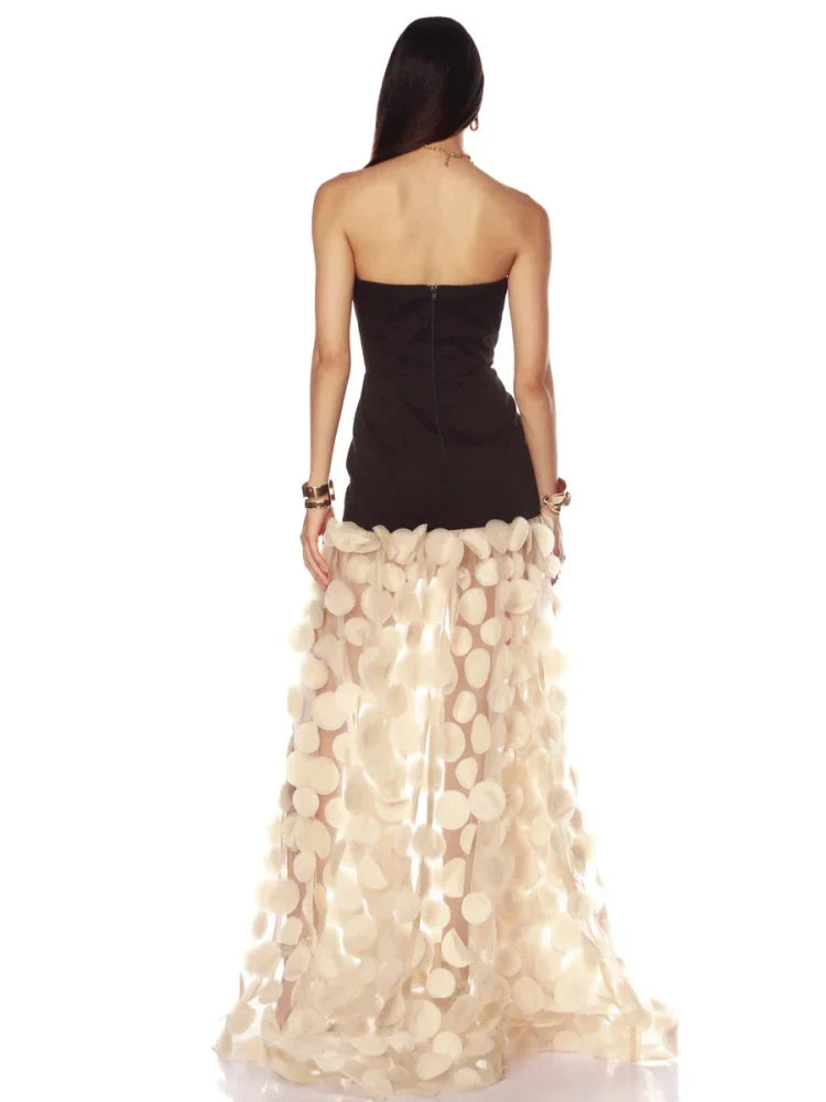 Black Strapless Dot Mesh Long Dress â€?A-Line Empire Waist