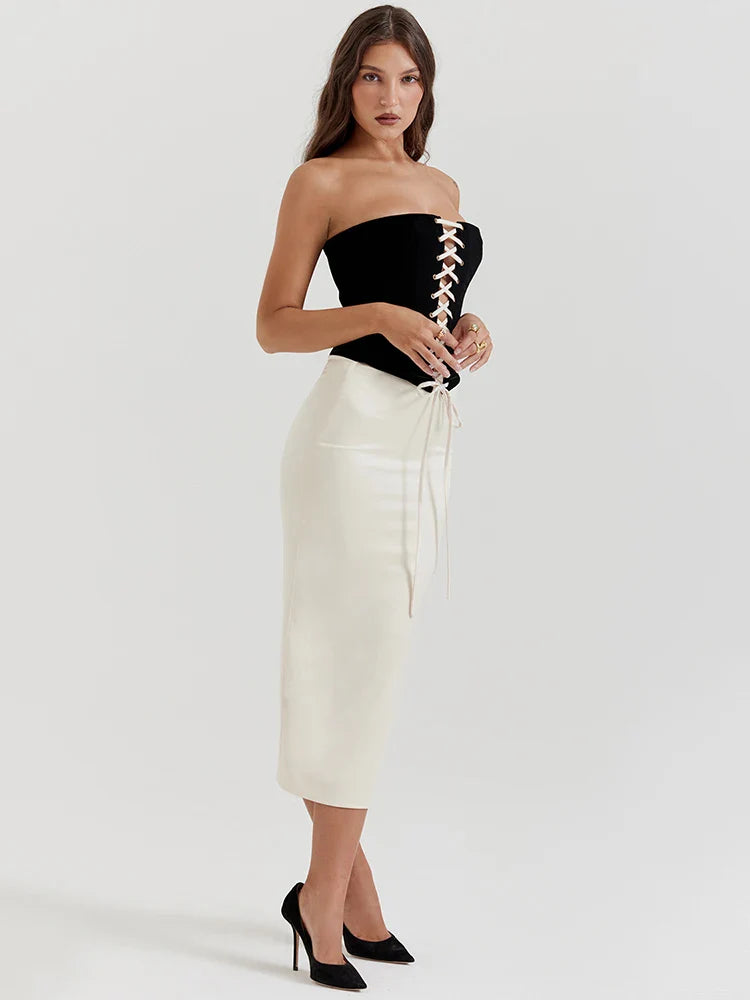 Black Lace Up Corset Top And White Satin Midi Skirt Set