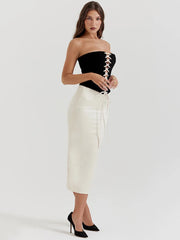 Black Lace Up Corset Top And White Satin Midi Skirt Set