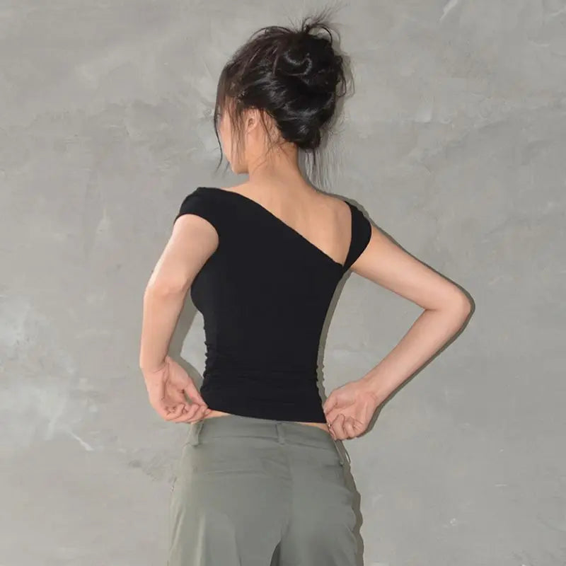 Asymmetric Strap Buckle Sleeve Crop Top