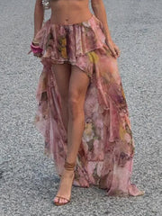 Floral Print Chiffon Ruffled Mini Draped Skirt