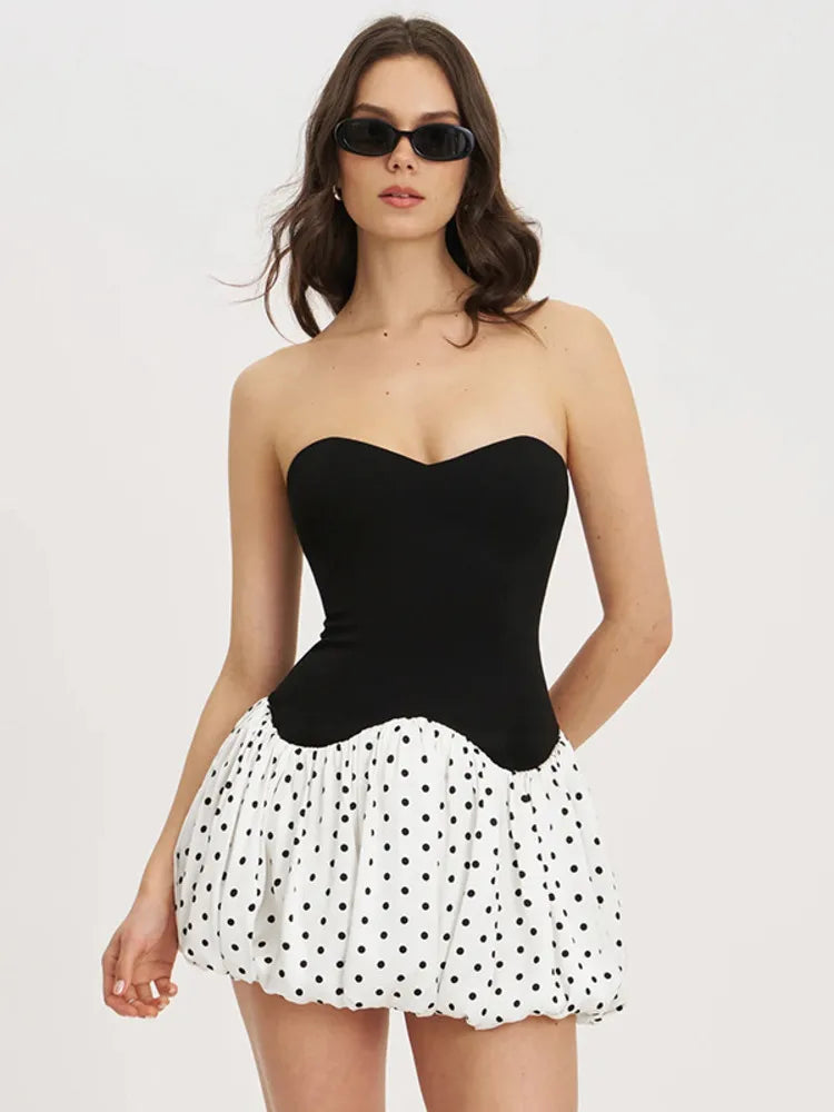 Black Patchwork Polka Dot Frill Mini Dress
