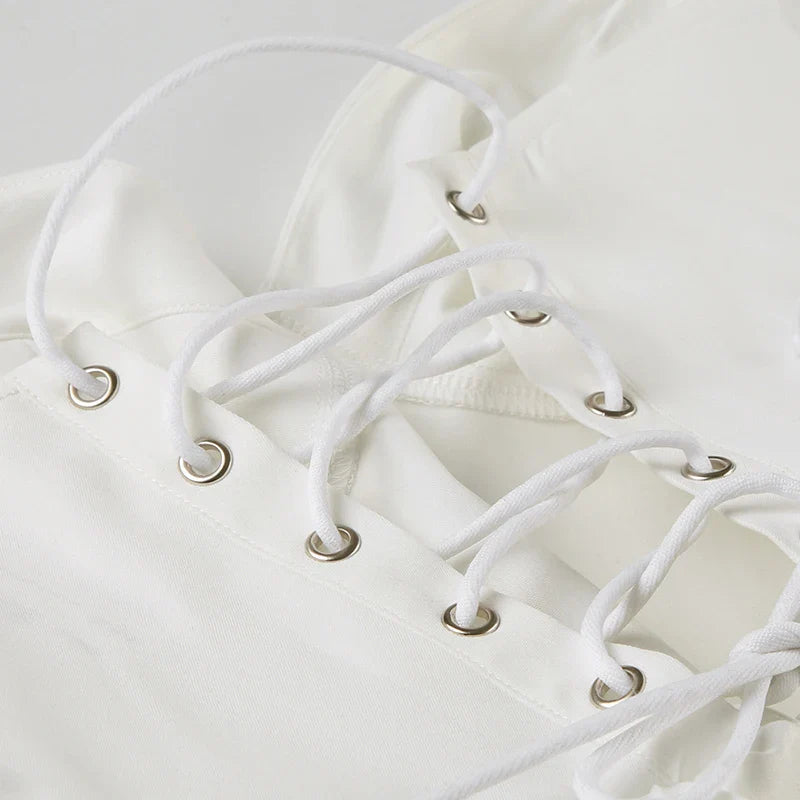 White Strapless Lace Up Midi Dress