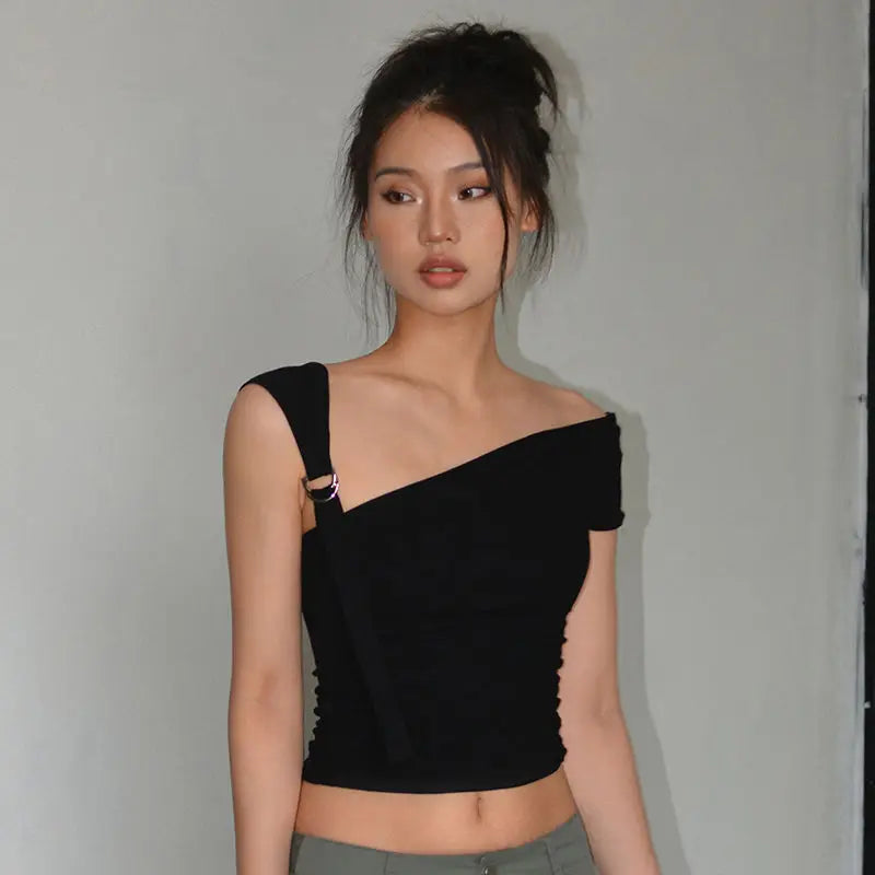 Asymmetric Strap Buckle Sleeve Crop Top