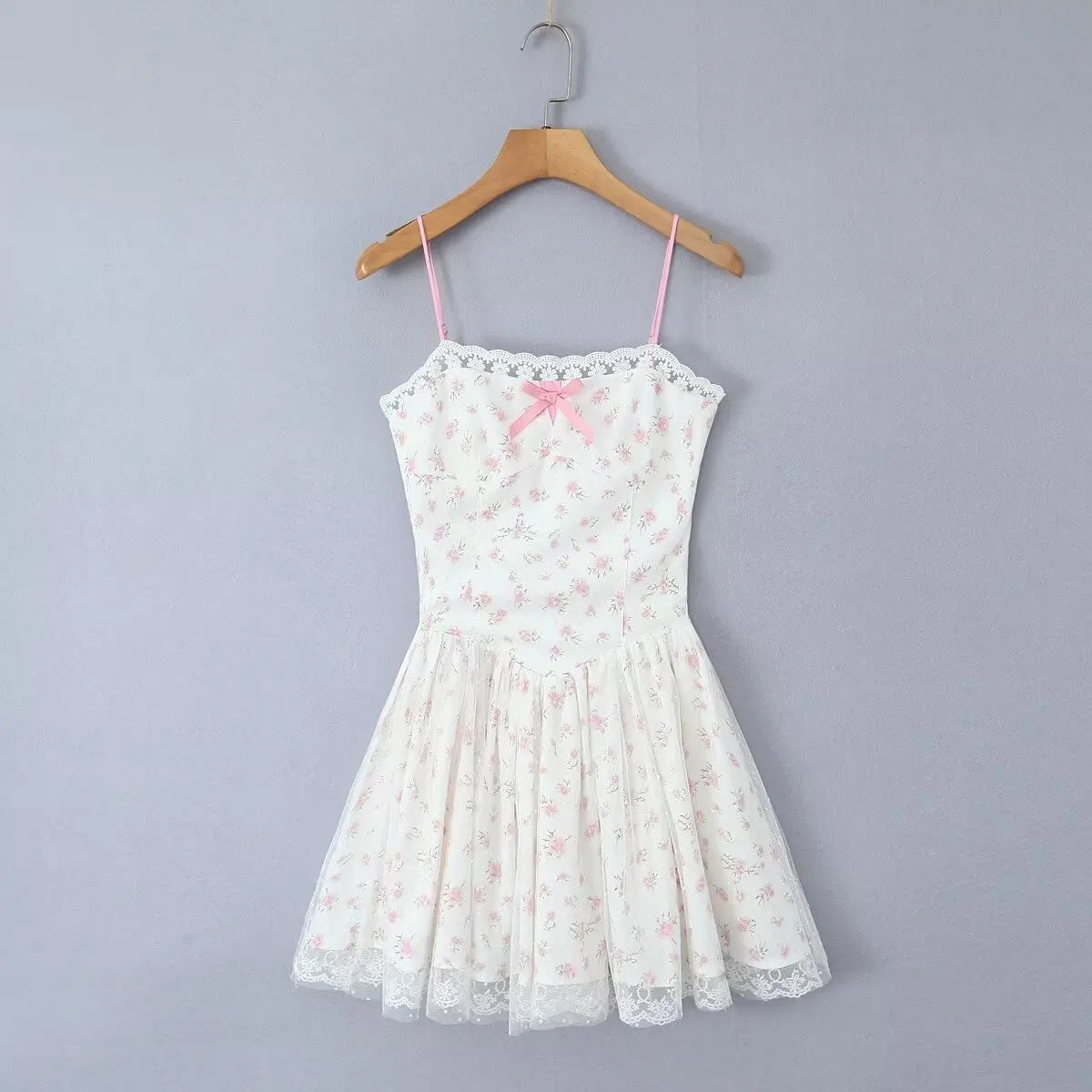 White Floral Print Bow Strap Pleated Mini Dress