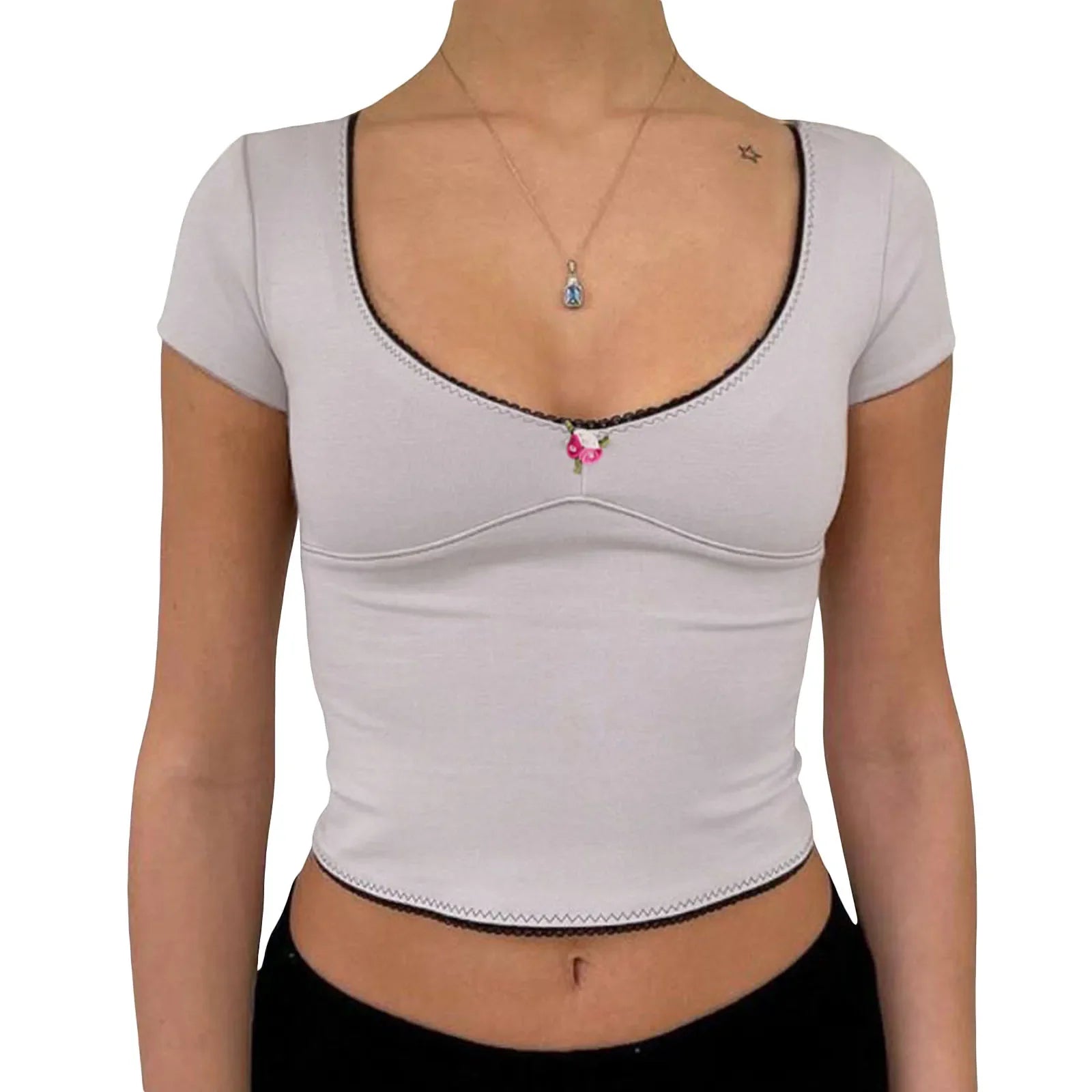 Short Sleeve Lace Trim Scoop Neck with Bow Top